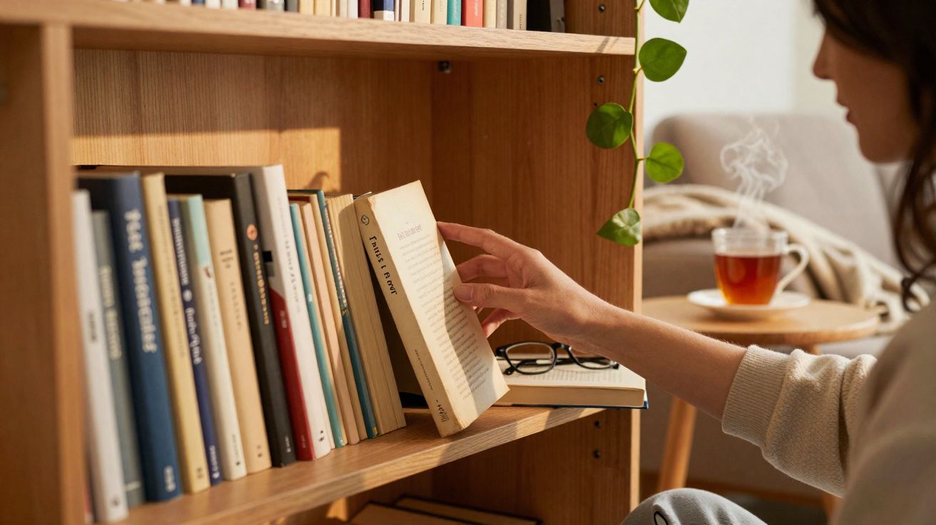 Pessoa a retirar um livro numa estante de madeira, chá quente num suporte ao fundo.