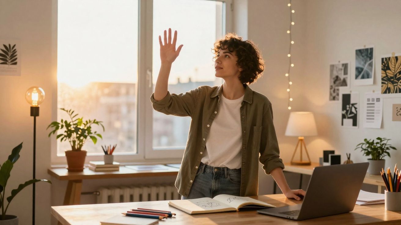 Pessoa jovem com cabelo encaracolado levanta a mão junto a uma mesa com livros e computador numa sala iluminada.
