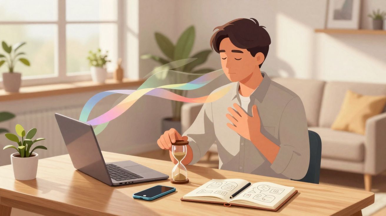 Homem sentado numa mesa a inspirar ar com expressão calma, com laptop, telemóvel e caderno à sua frente.