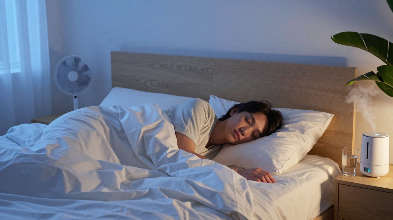Pessoa a dormir de lado numa cama com luz suave, ao lado de um humidificador e um copo de água.