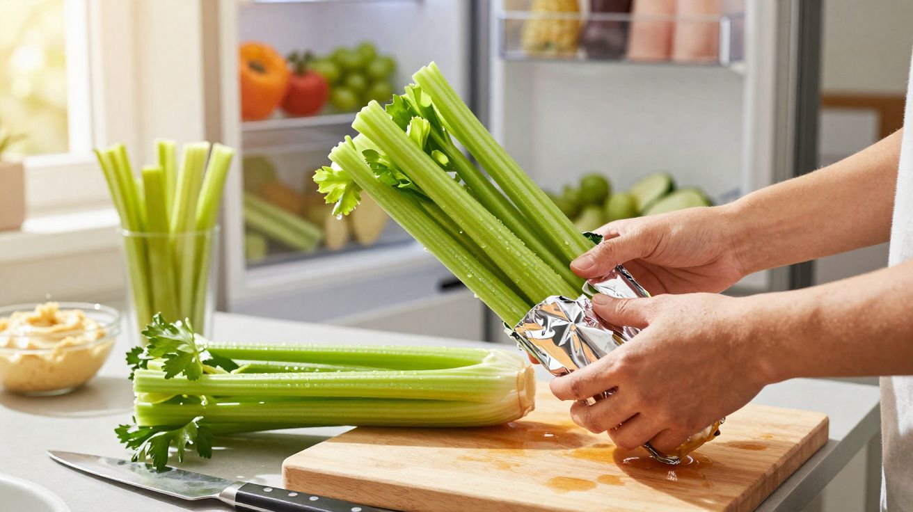 Pessoa a guardar talos de aipo frescos em película aderente numa cozinha com legumes ao fundo.