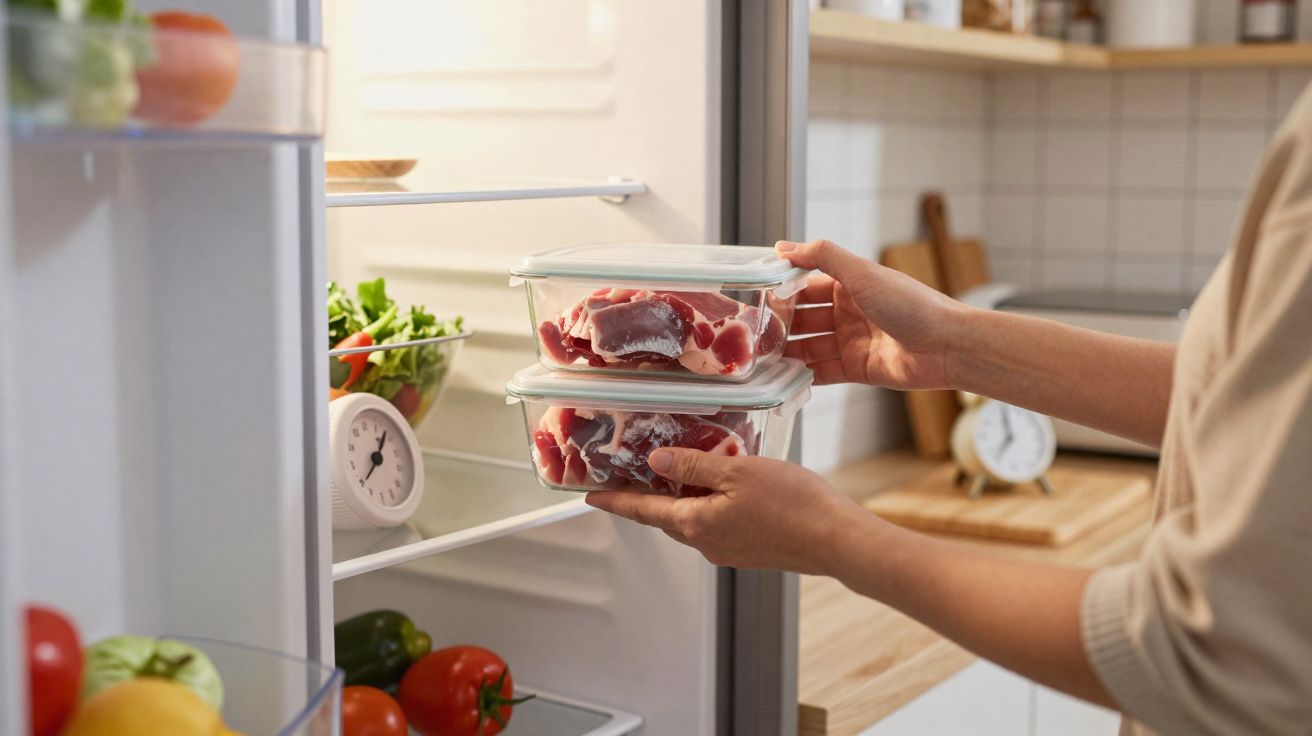 Mãos a colocar dois recipientes com carne crua no frigorífico aberto numa cozinha moderna.