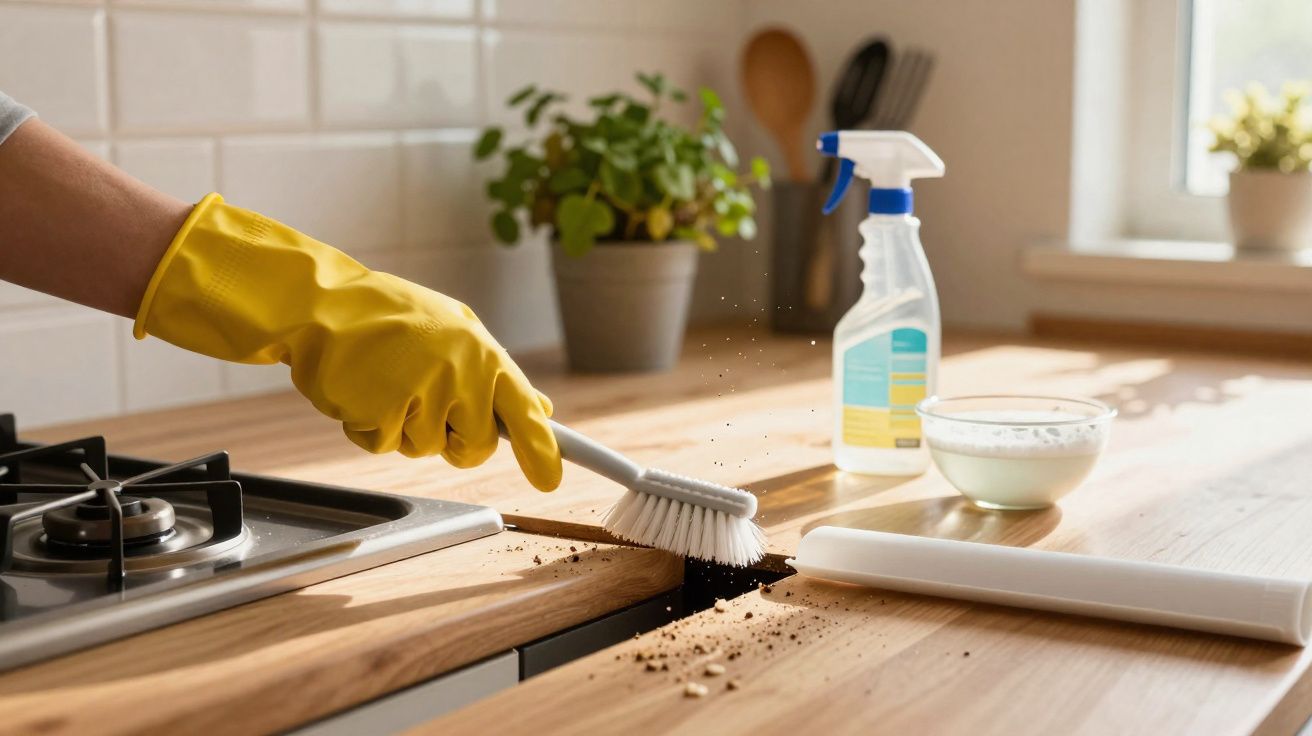 Pessoa a limpar migalhas e sujidade de bancada de cozinha com escova, usando luvas amarelas de borracha.