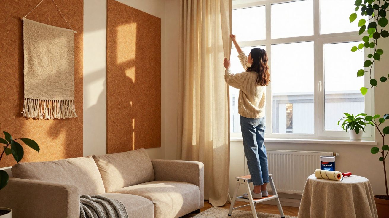 Mulher a ajustar cortinas creme numa sala clara com sofá bege e plantas verdes.