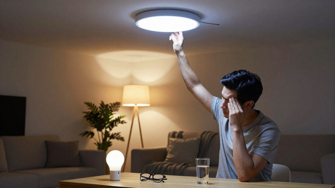 Homem sentado numa sala, ajustando luz no teto, com expressão de cansaço e uma lâmpada acesa sobre a mesa.