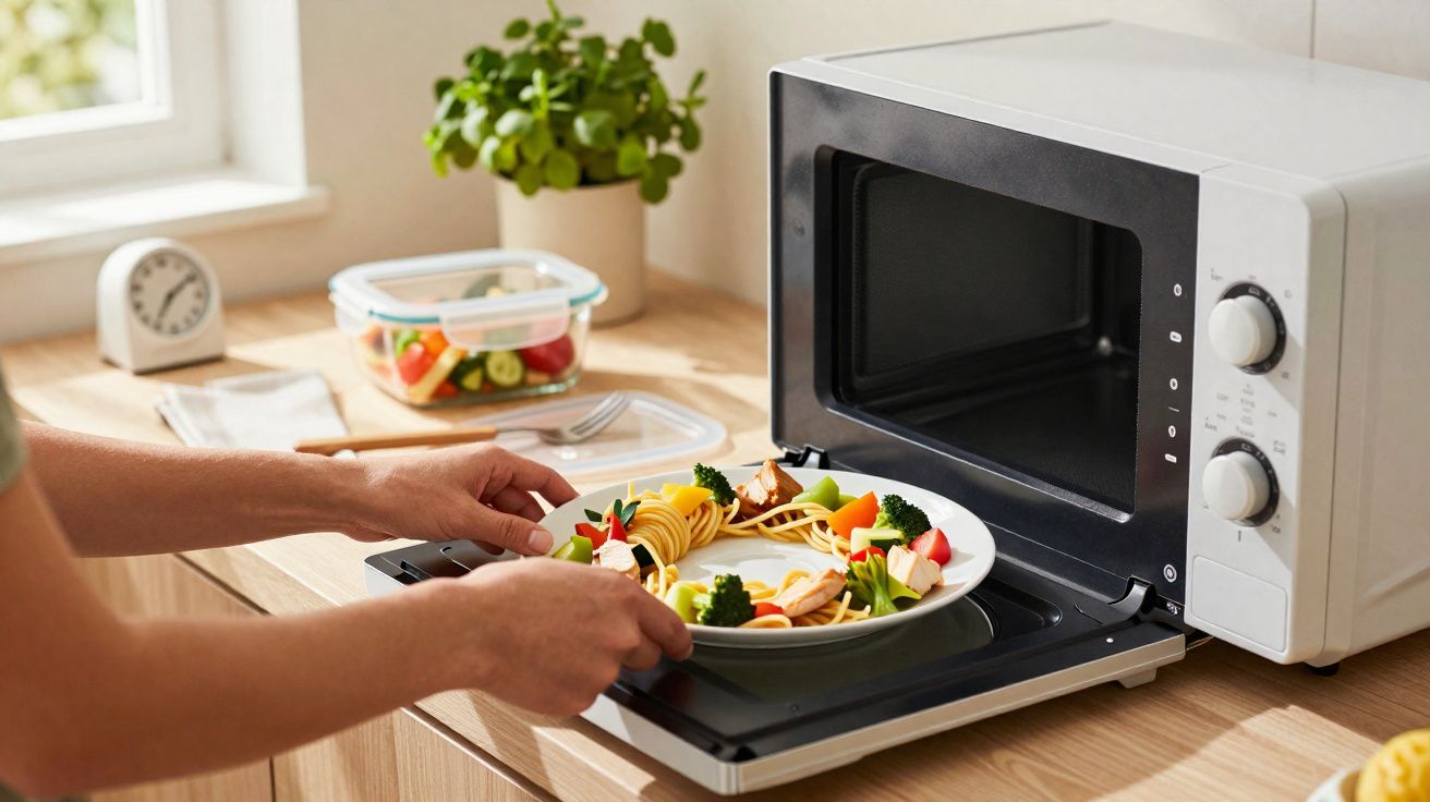 Pessoa a colocar prato com comida saudável no micro-ondas numa cozinha luminosa.