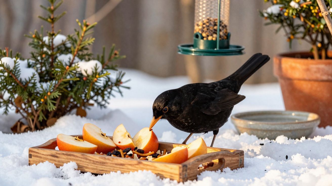 Pássaro preto a comer fatias de maçã numa bandeja na neve com vasos e comedouro de aves ao fundo.