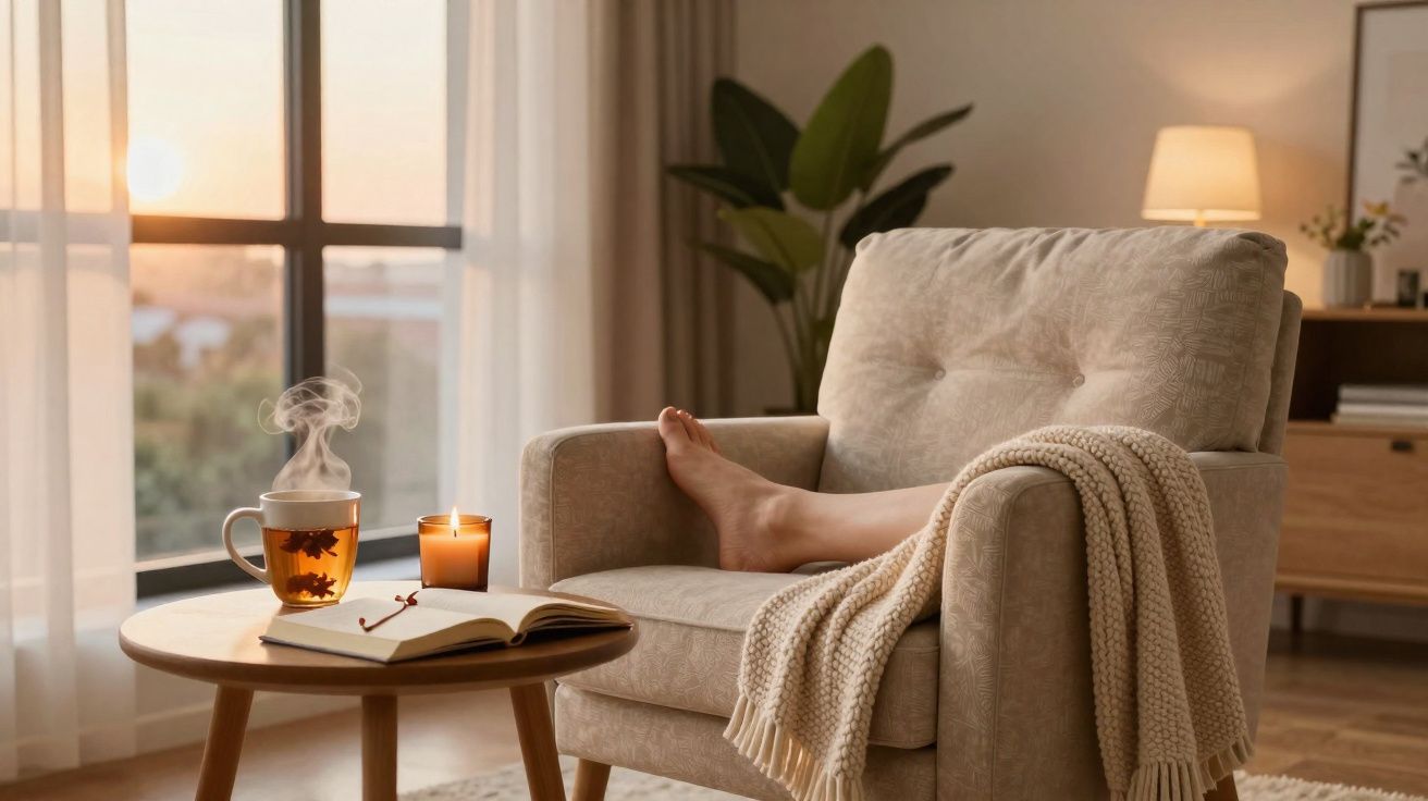 Ambiente acolhedor com poltrona, manta, livro aberto, chá quente e vela com luz suave ao entardecer.