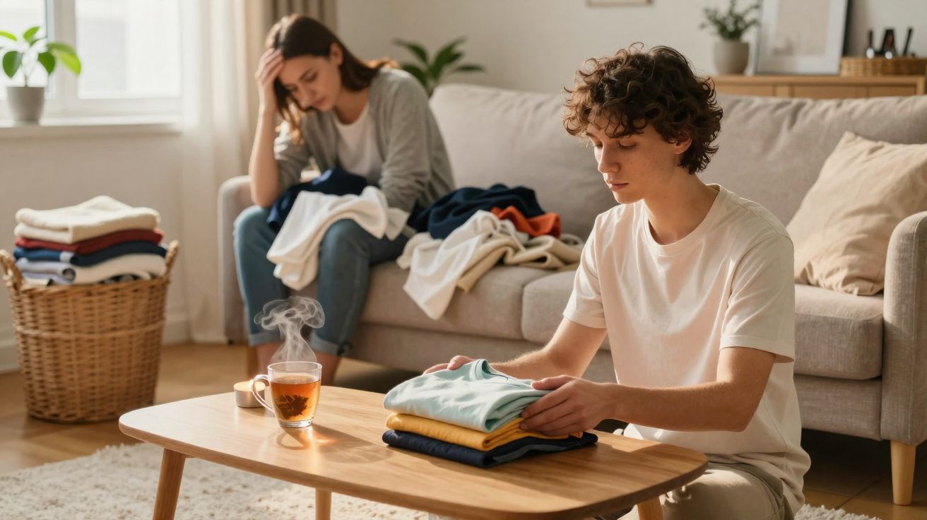 Jovem a dobrar roupa à mesa enquanto mulher parece cansada no sofá com roupas por dobrar.