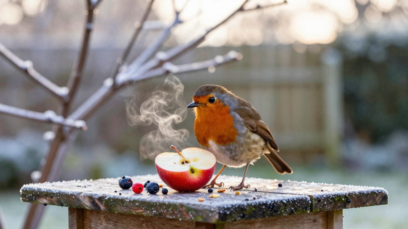 Pássaro com peito laranja em mesa de madeira com meia maçã cortada e frutos vermelhos em ambiente frio e enevoado.