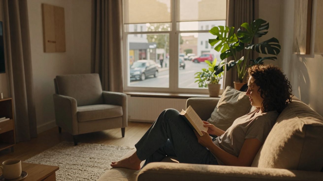 Mulher sentada no sofá a ler um livro numa sala iluminada pela luz natural junto a uma janela grande.