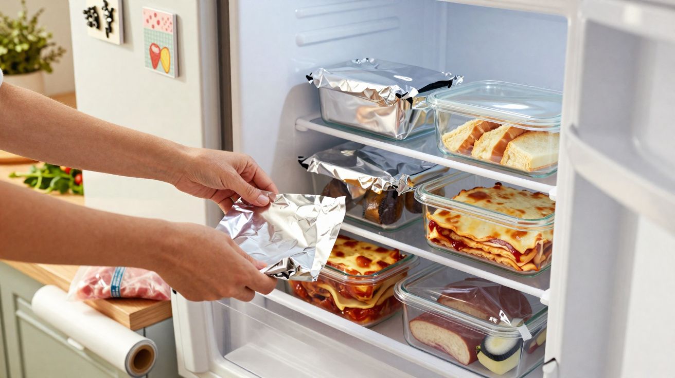 Mãos a guardar comida embrulhada em alumínio dentro de um frigorífico organizado com recipientes de vidro.