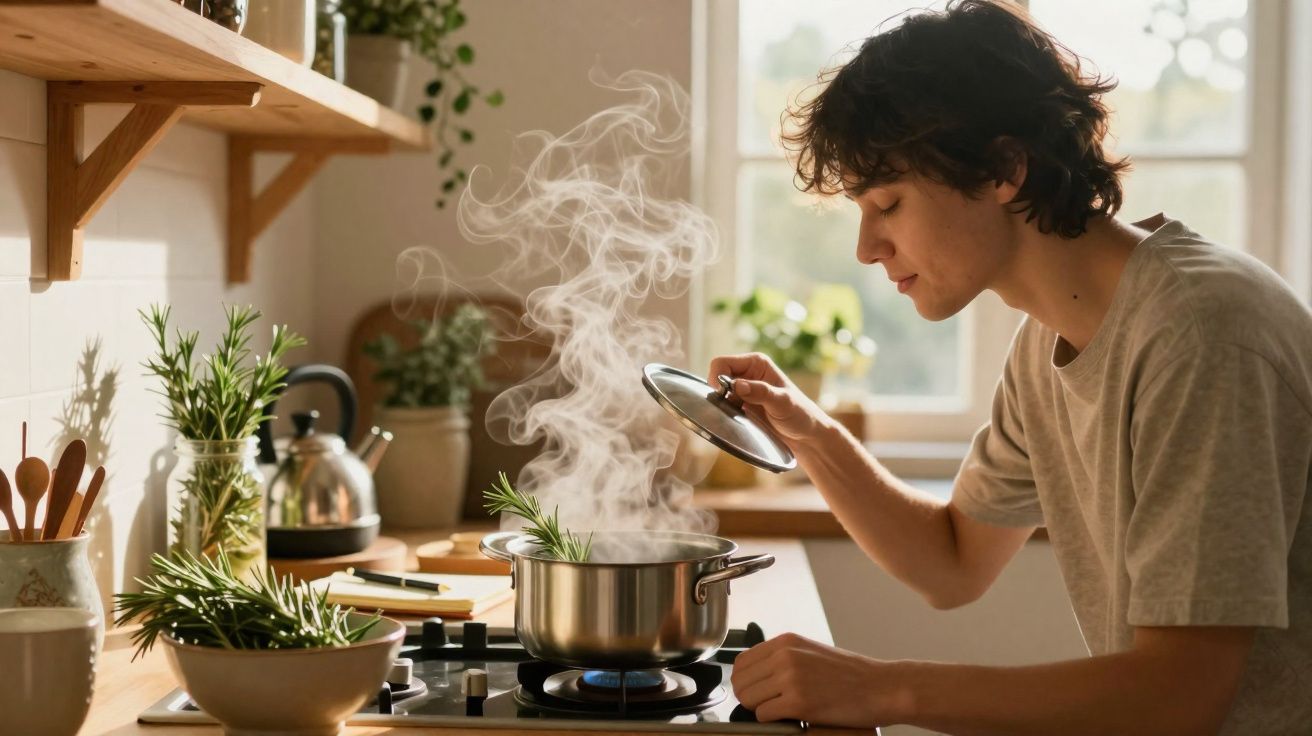 Jovem a levantar a tampa de uma panela a ferver na cozinha com ervas frescas ao redor.