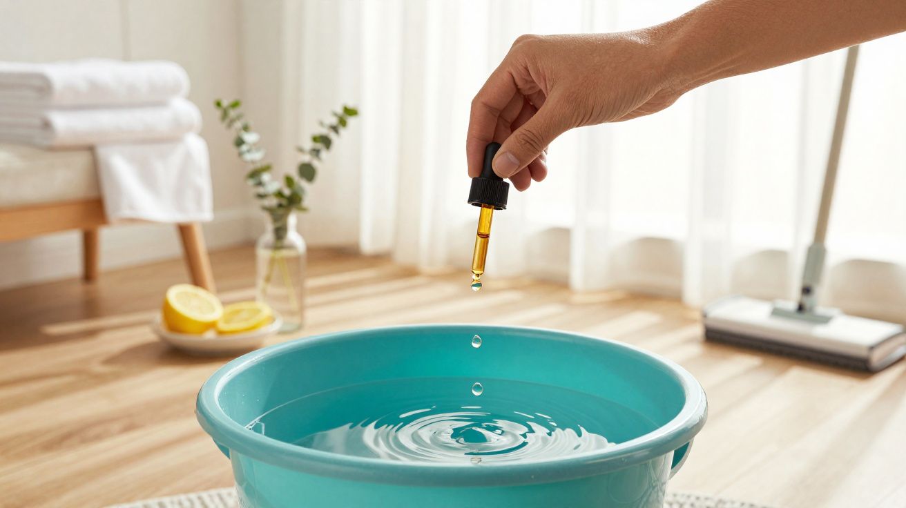 Mãos a pingar óleo essencial numa bacia azul com água, num ambiente claro e relaxante.