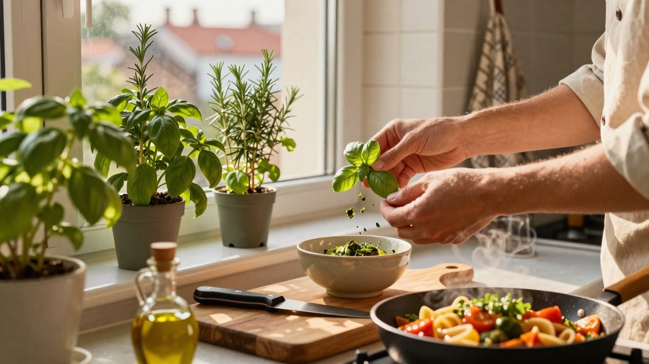 Pessoa a adicionar manjericão fresco numa saladeira, com ervas aromáticas na janela e frigideira com massa colorida.