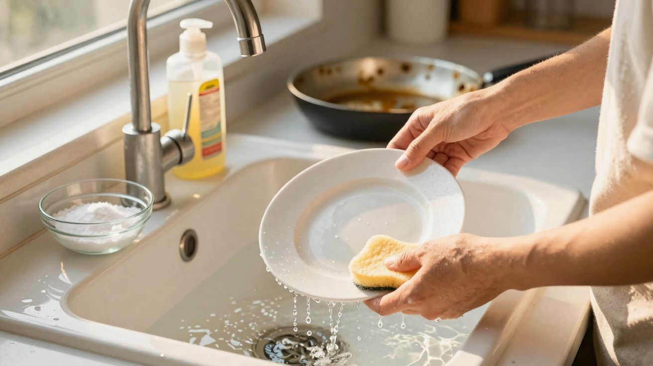 Pessoa a lavar um prato branco com uma esponja na pia da cozinha com detergente e frigideira ao fundo.
