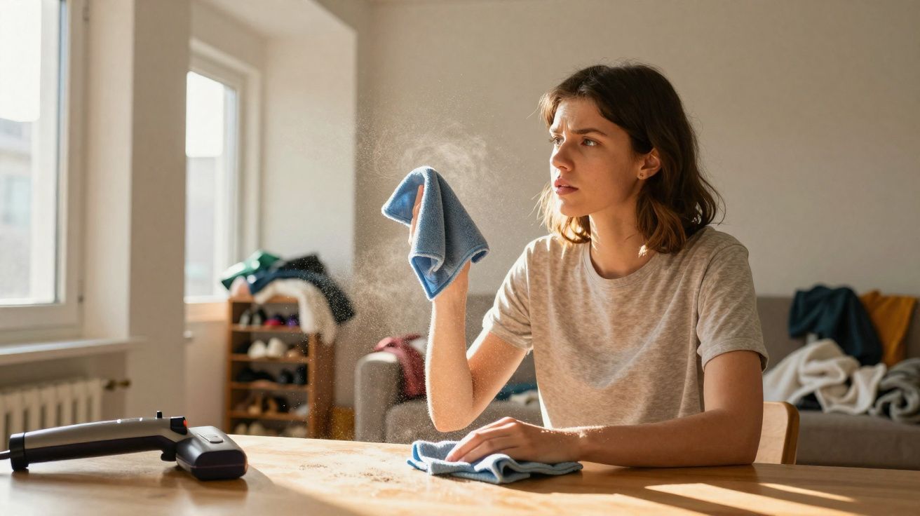 Mulher a limpar uma mesa de madeira com panos azuis numa sala bem iluminada.
