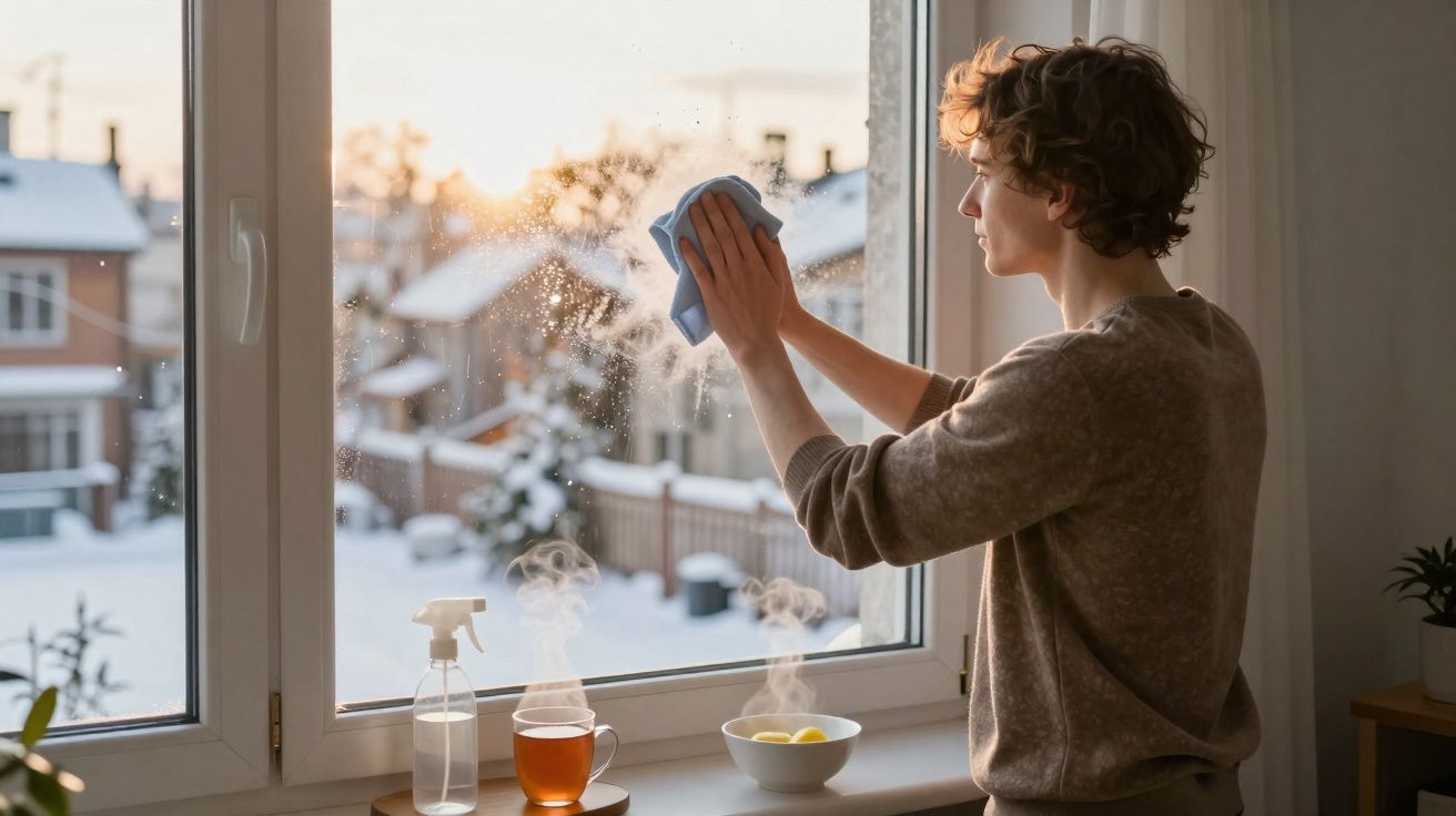 Pessoa a limpar janela com pano azul numa manhã de inverno com vista para bairro com neve.