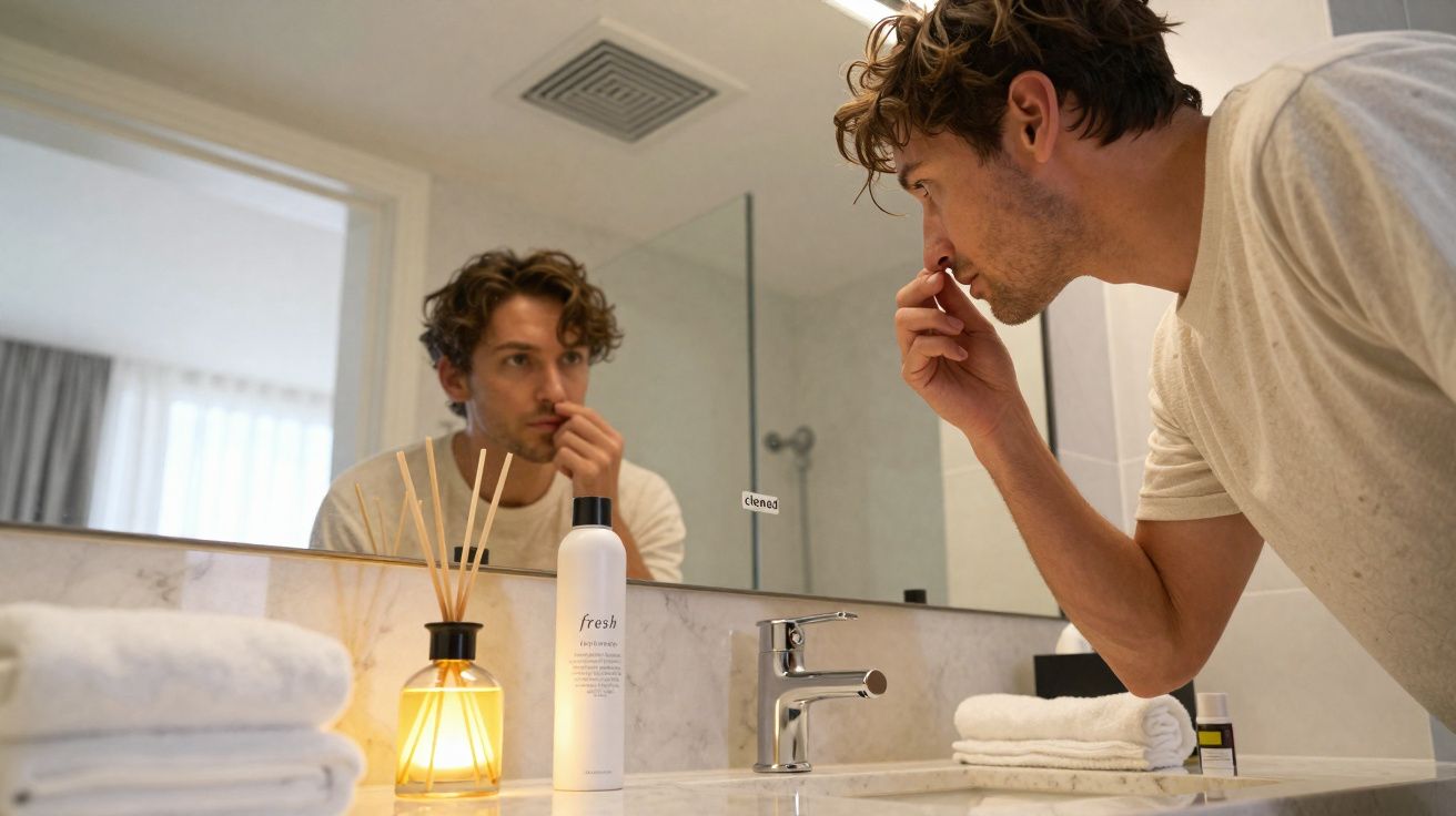 Homem a mexer no nariz em frente a um espelho numa casa de banho moderna com produtos na bancada.