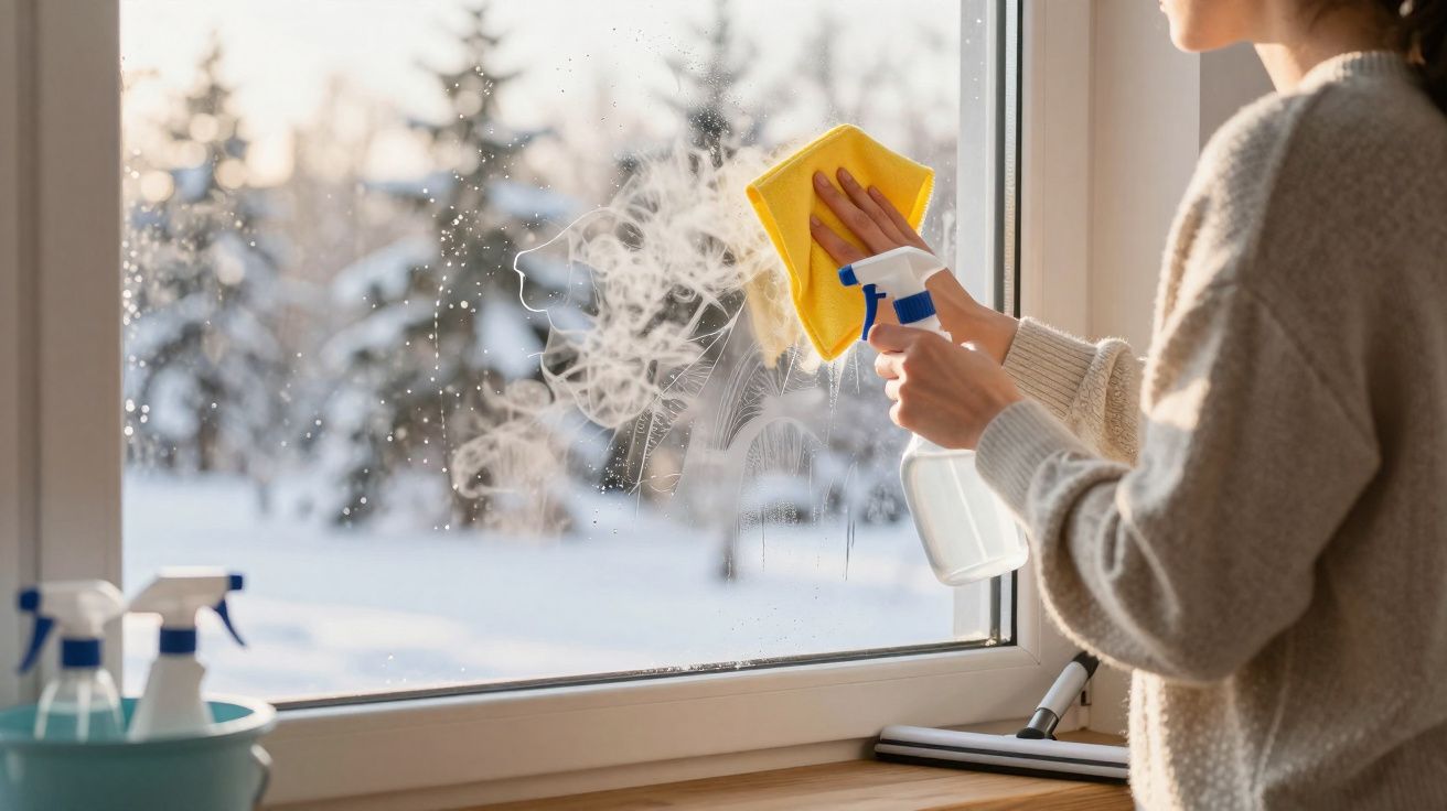 Pessoa a limpar uma janela com pano amarelo num cenário de inverno com neve do lado de fora.