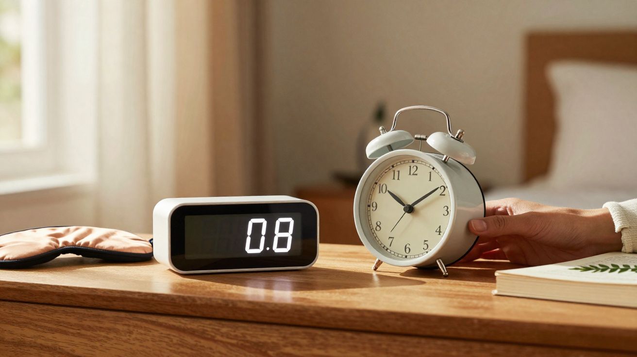 Relógio despertador analógico e digital sobre mesa de cabeceira em quarto com luz natural.