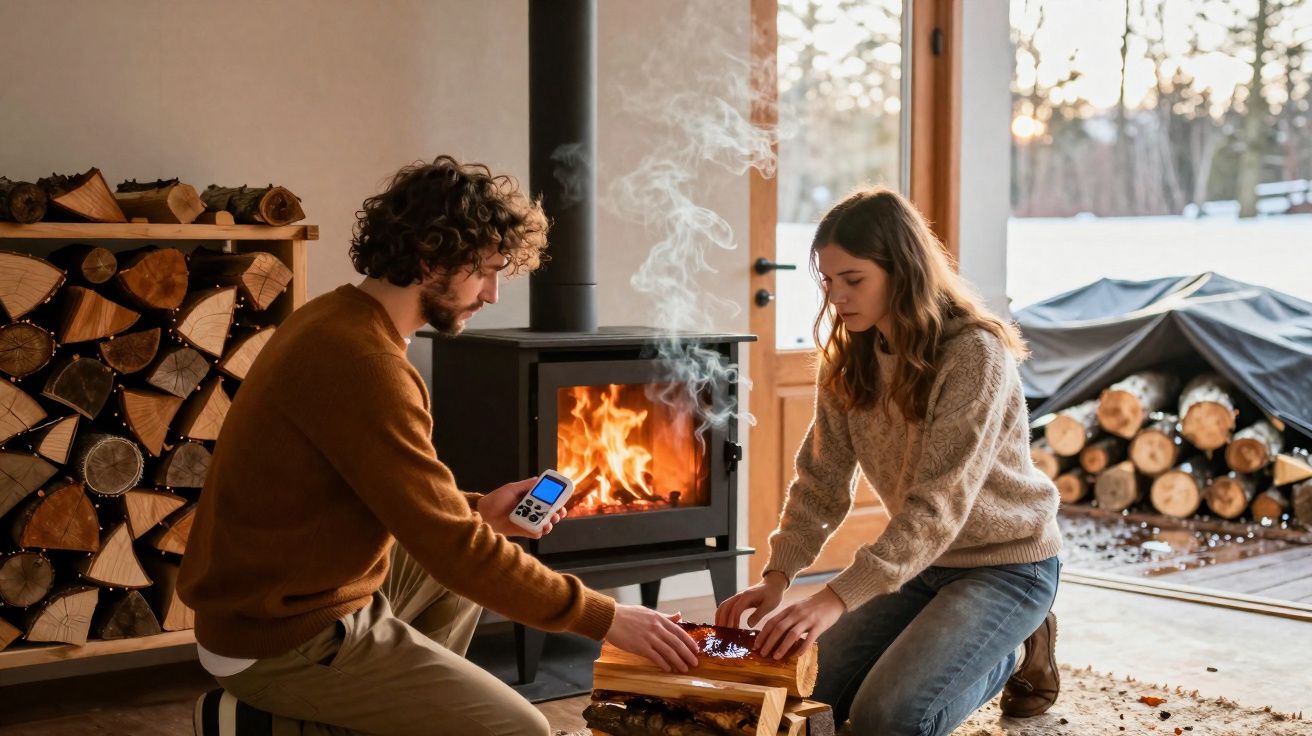 Casal junto a lareira a preparar lenha dentro de casa aconchegante com muitos troncos empilhados.