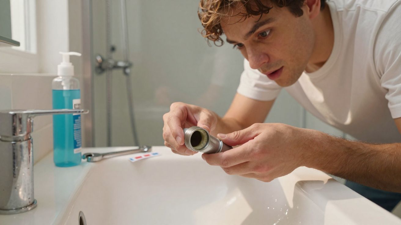 Pessoa a examinar o interior de um tubo metálico sobre uma pia de casa de banho.