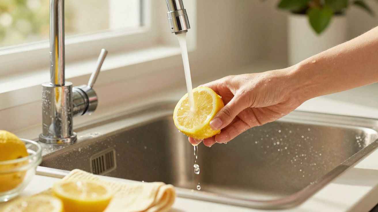 Mão a espremer meio limão sob água corrente numa pia de cozinha em ambiente luminoso e ordenado.