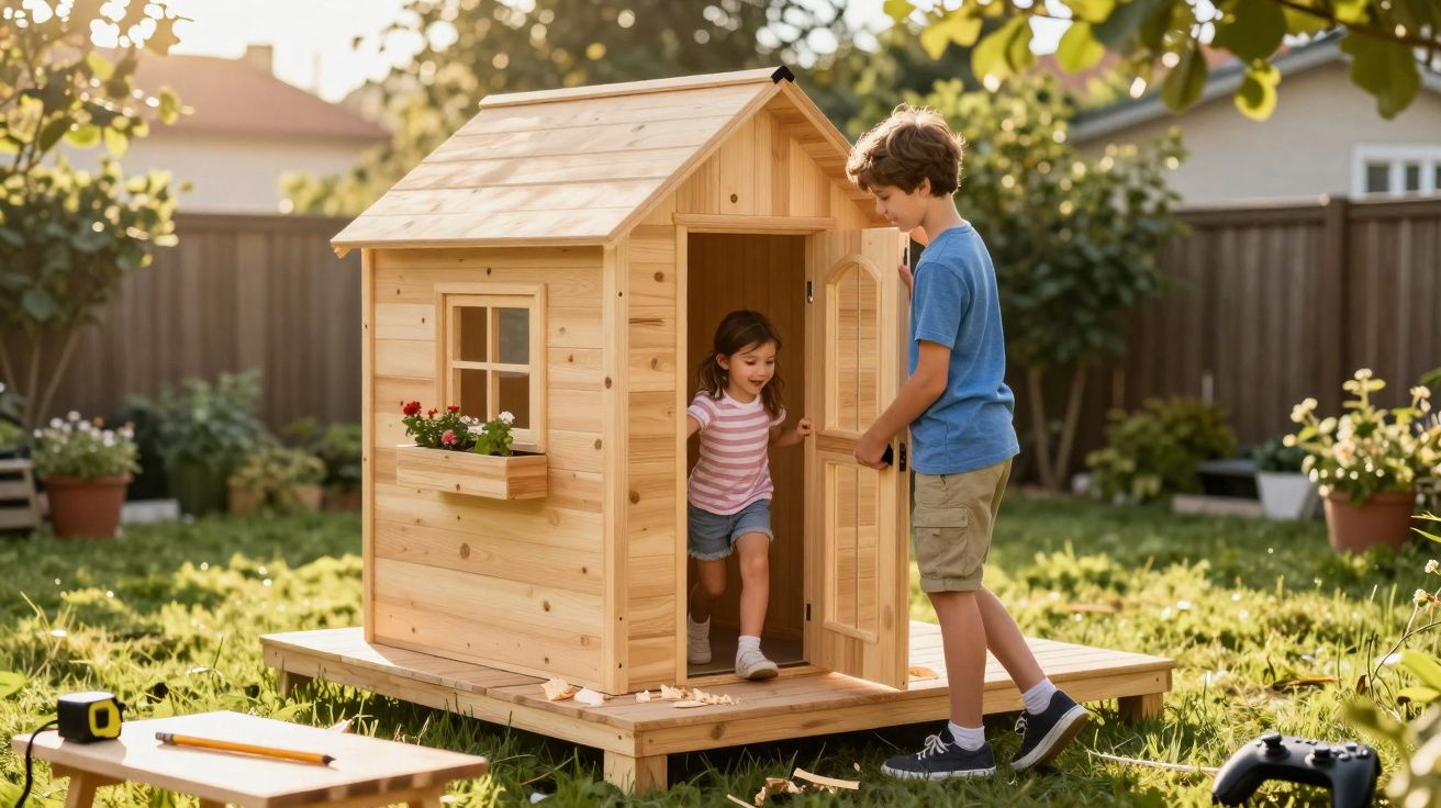 Criança a abrir a porta de uma casinha de brincar em madeira no jardim, com outra criança a entrar.