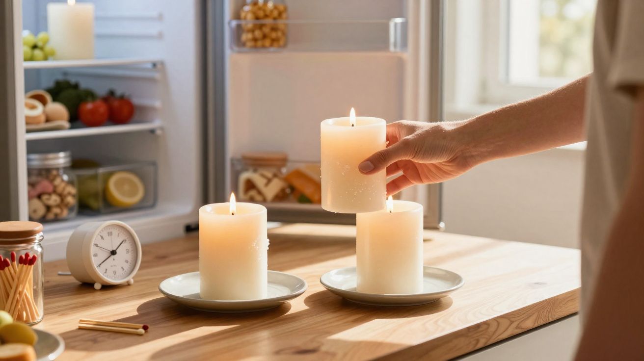 Mão a colocar vela acesa branca sobre prato numa mesa de madeira junto a frigorífico aberto.