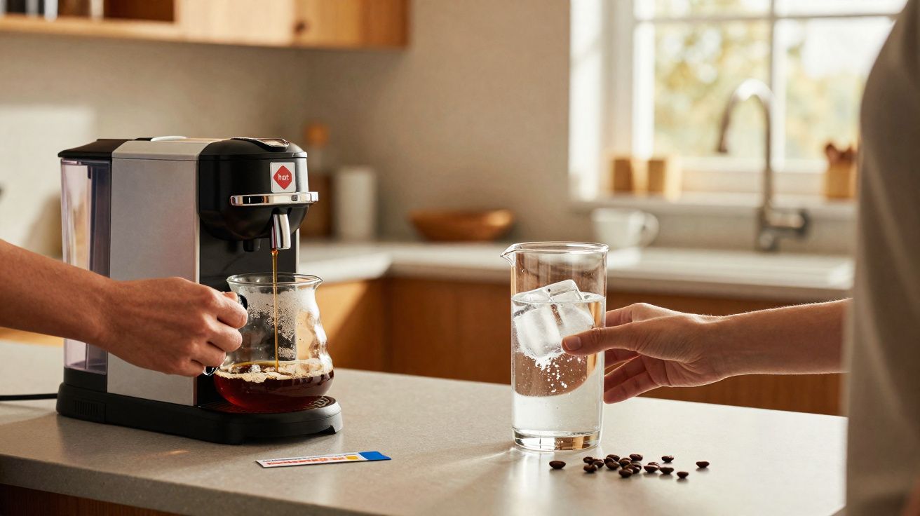 Mãos a preparar café e a segurar um copo com água e gelo numa cozinha luminosa.