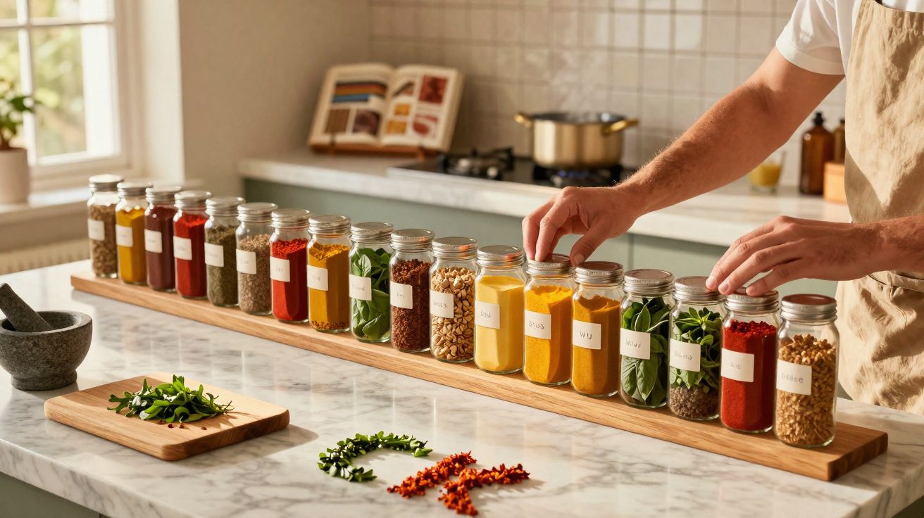 Vários frascos alinhados contendo ervas, especiarias e sementes numa bancada de cozinha, mãos a organizar.