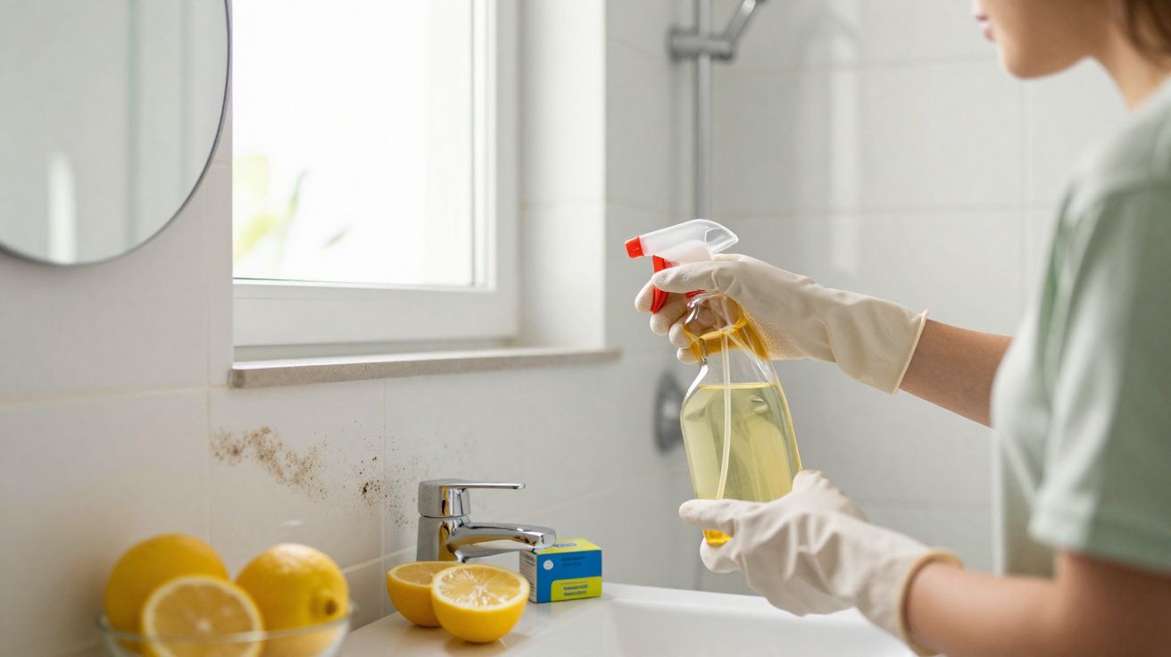 Pessoa a limpar sujidade na parede da casa de banho usando spray e luvas de limpeza.