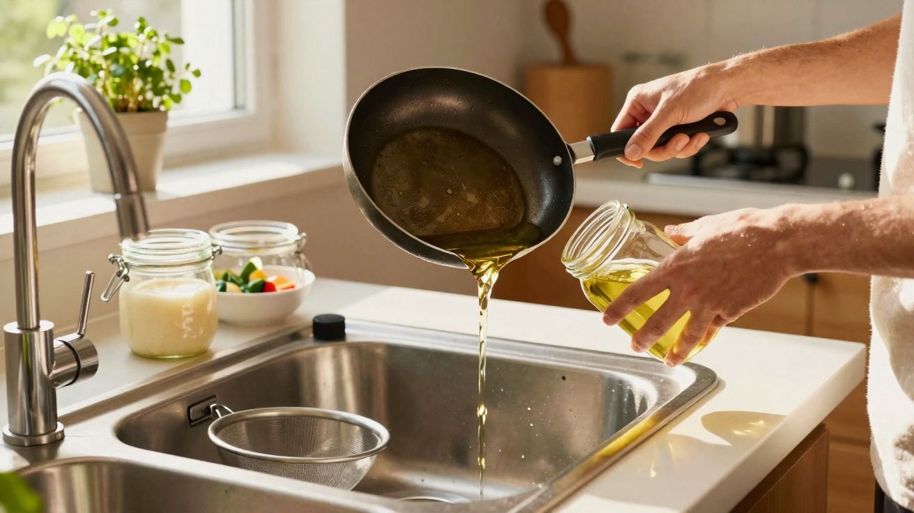 Pessoa a deitar óleo usado da frigideira para um vidro na cozinha junto à pia com utensílios e planta.