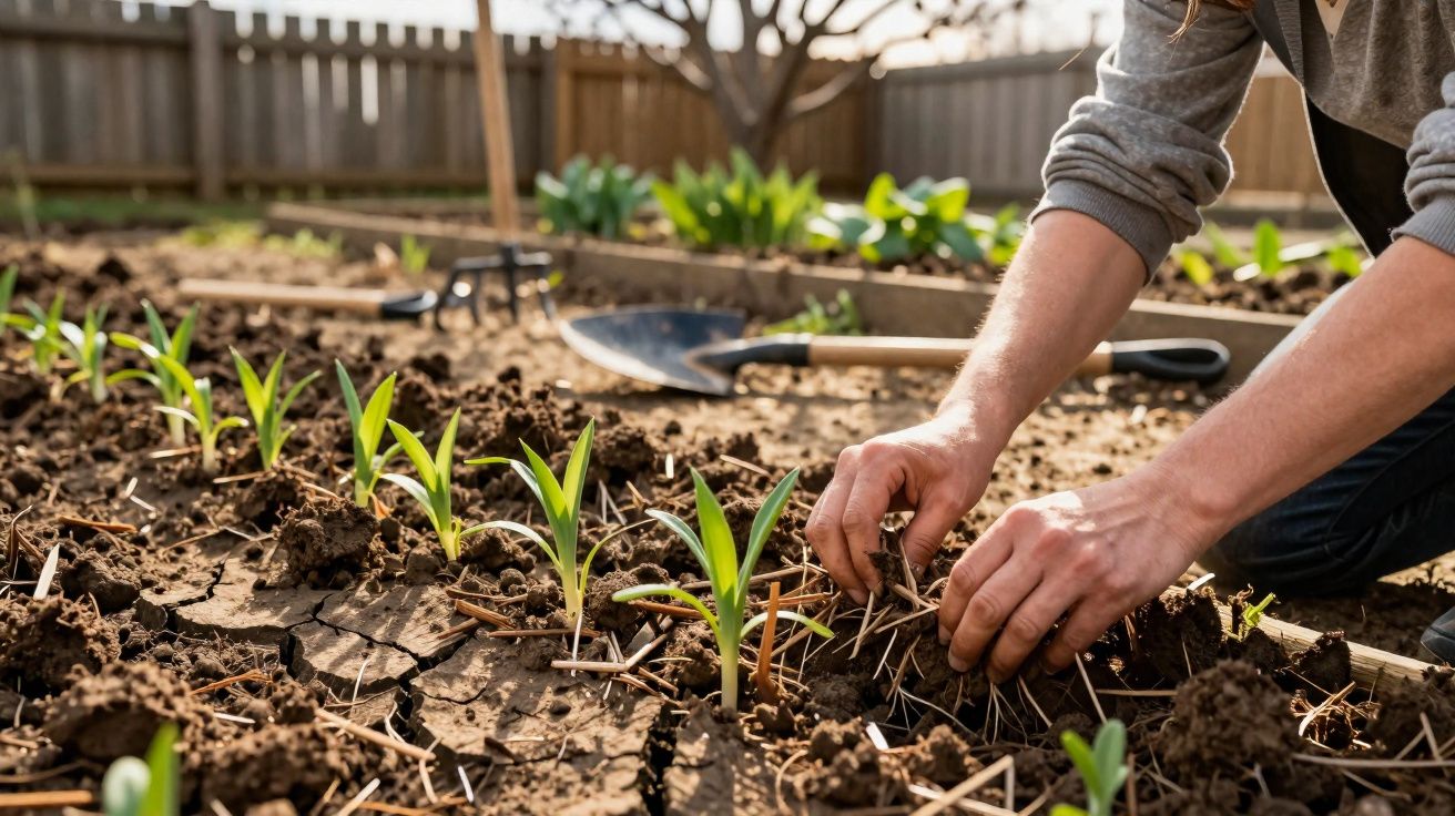 Mãos a cuidar de mudas verdes numa horta caseira com terra e uma enxada ao fundo.