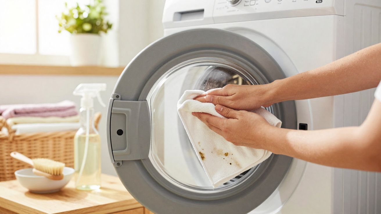 Pessoa a limpar o interior da porta de uma máquina de lavar roupa com pano branco sujo.