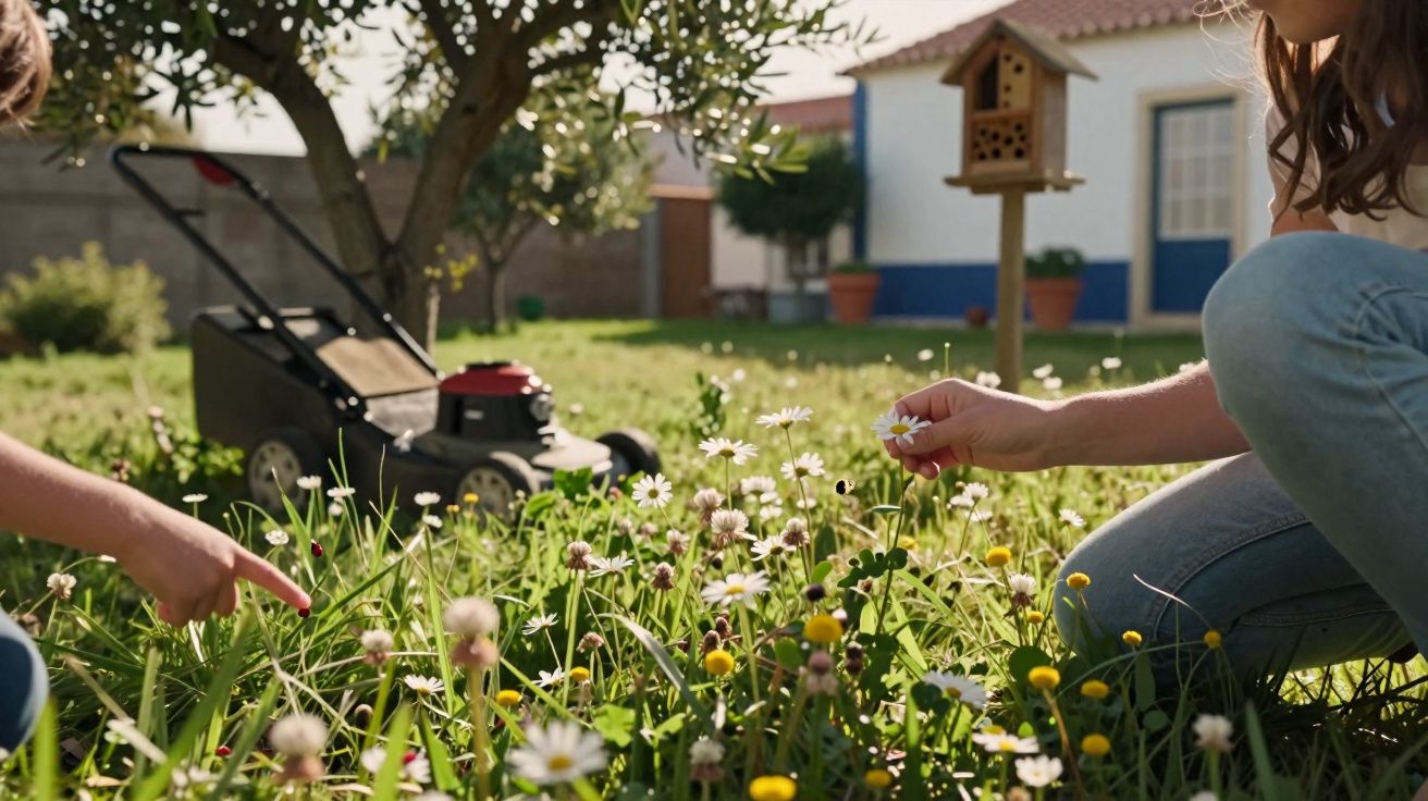Duas pessoas apanham flores num jardim com relva, um corta-relvas e uma casa ao fundo.