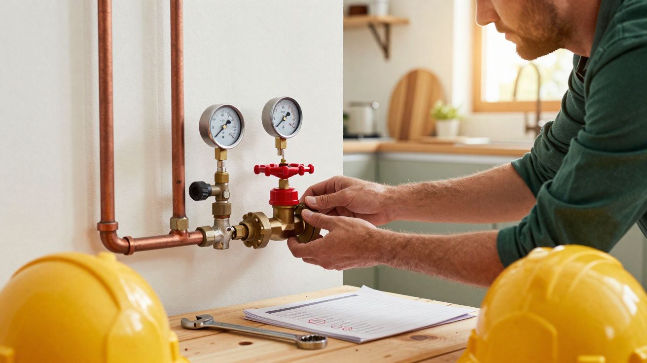Homem a ajustar válvula em tubagem de cobre com ferramentas e capacetes amarelos na bancada.