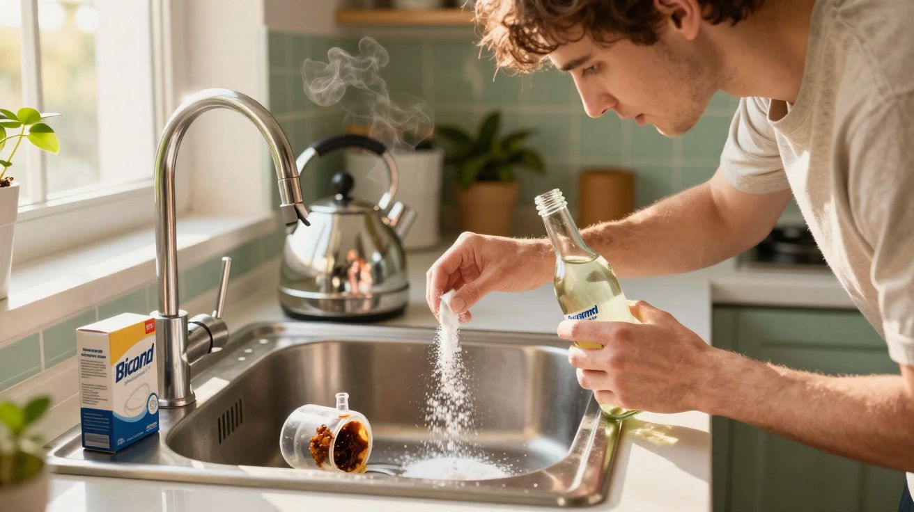 Homem a deitar bicarbonato na pia da cozinha para desentupir com vinagre branco.