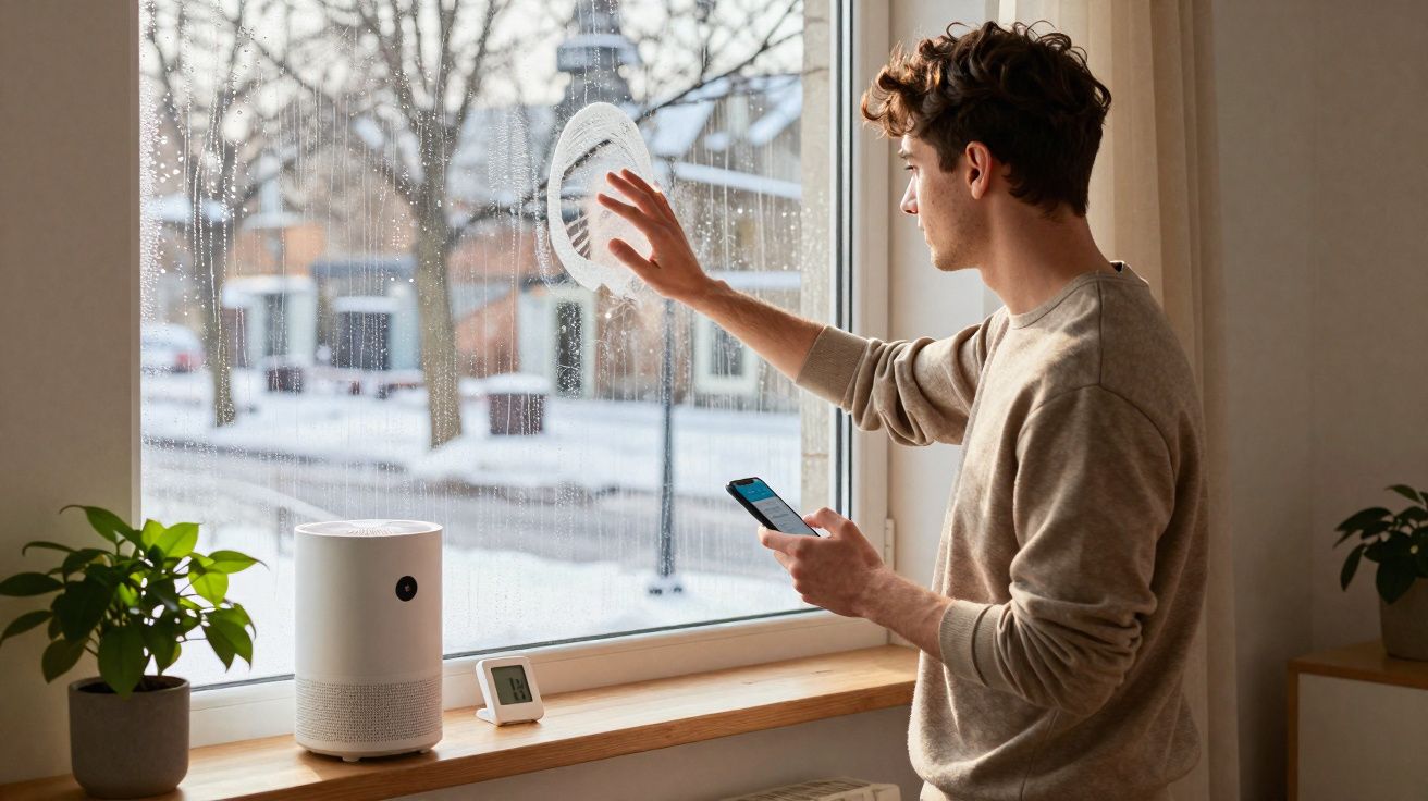 Jovem a limpar vidro de janela com neve visível lá fora, segurando telemóvel numa mão.