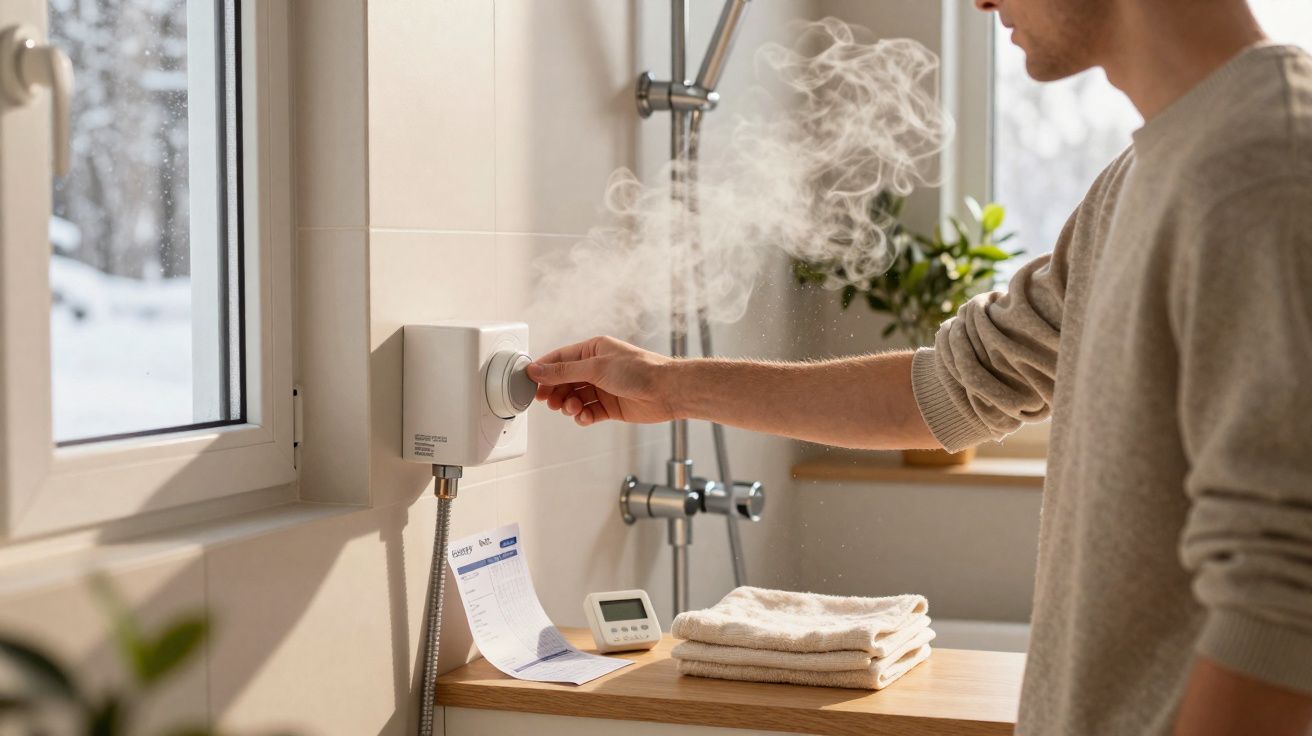 Pessoa ajusta termóstato elétrico a vapor numa casa de banho moderna, com toalhas e plantas ao fundo.