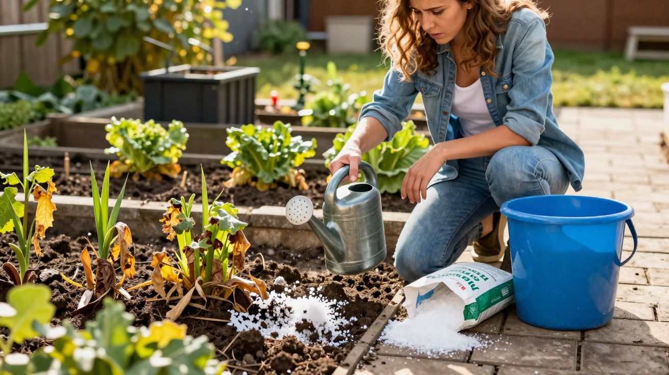 Mulher a regar plantas num jardim usando um regador e fertilizante em saco ao lado.