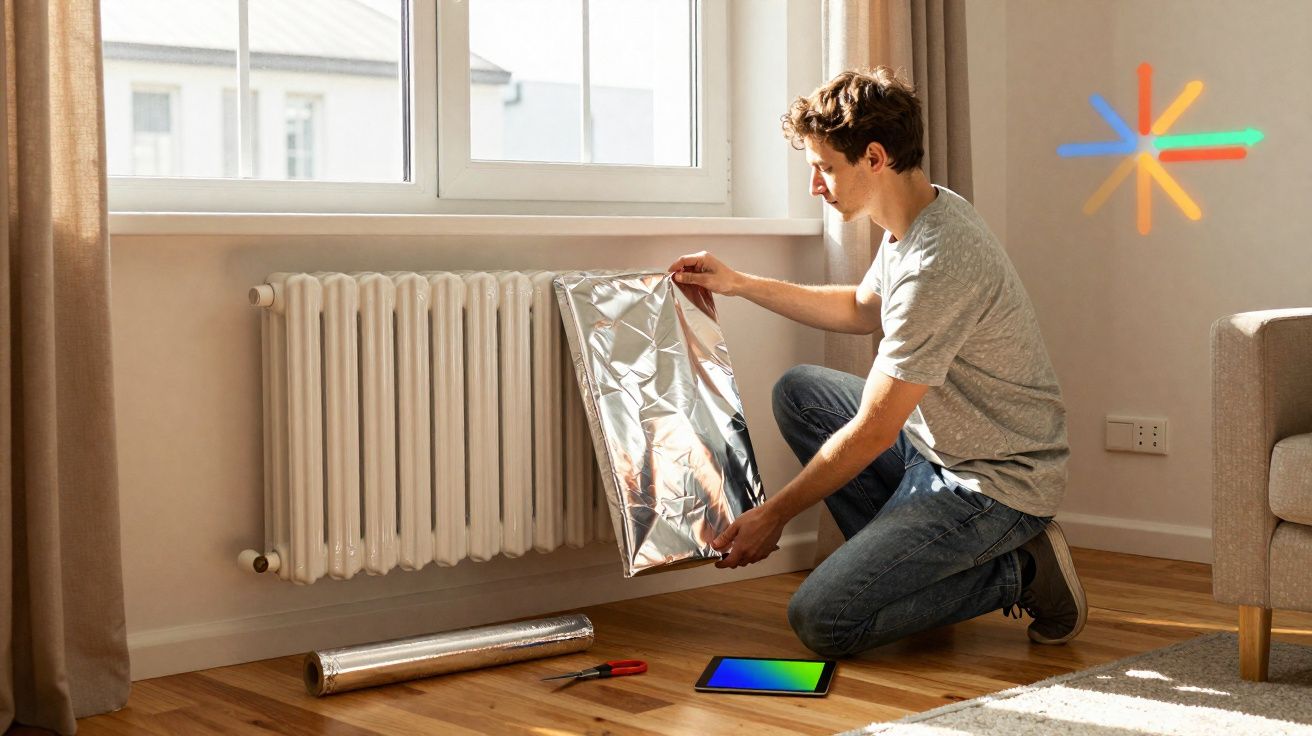Homem a aplicar folha refletora atrás de radiador numa sala iluminada pela janela.