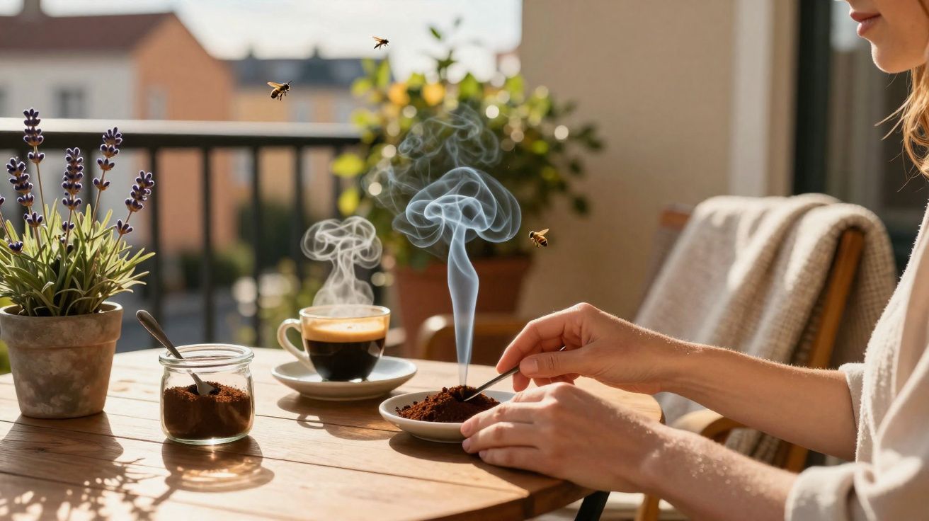 Pessoa a preparar café numa mesa com jarro, planta de lavanda, abelhas e fumaça de café quente.