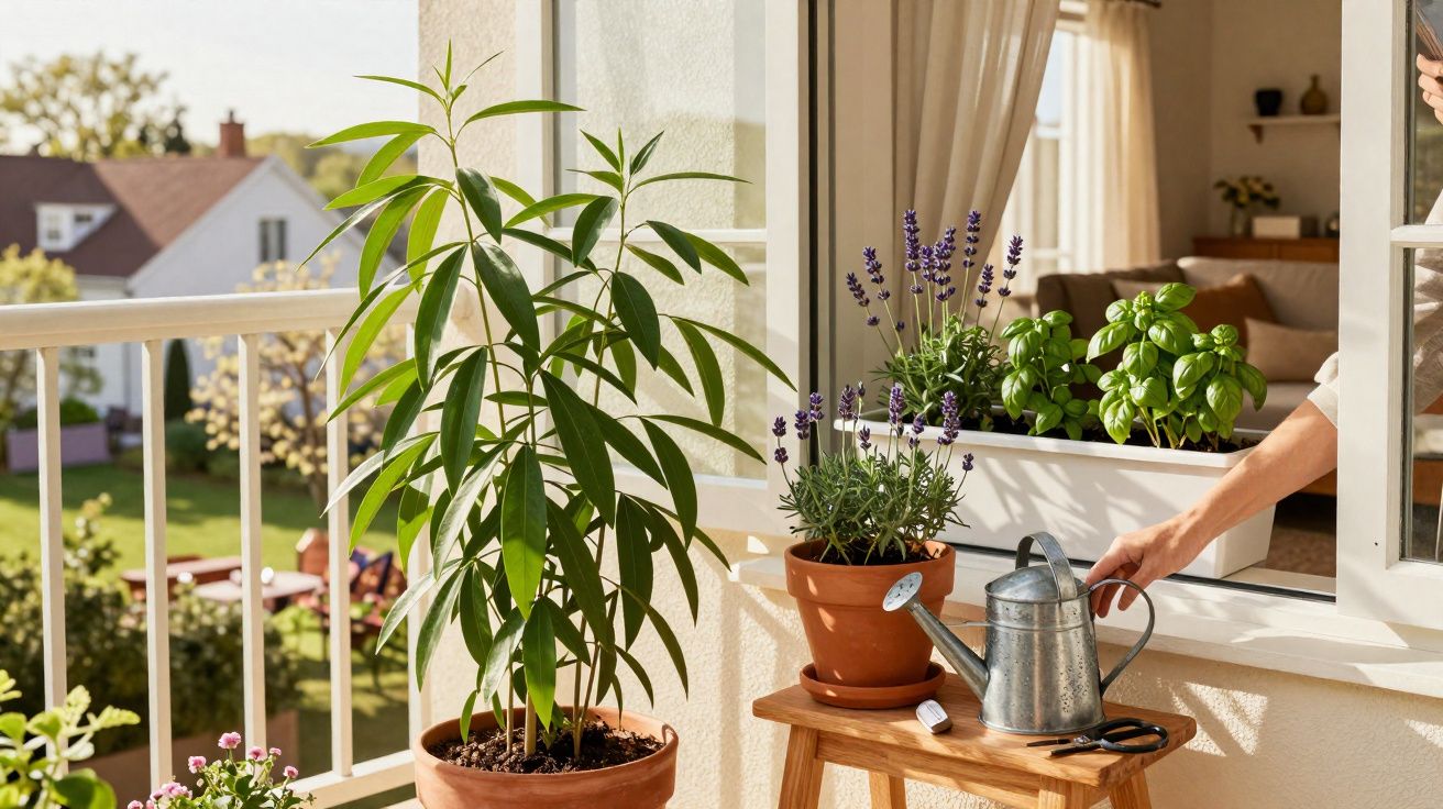Mãos a regar plantas em vasos num parapeito de janela com vista para varanda e casas ao fundo.