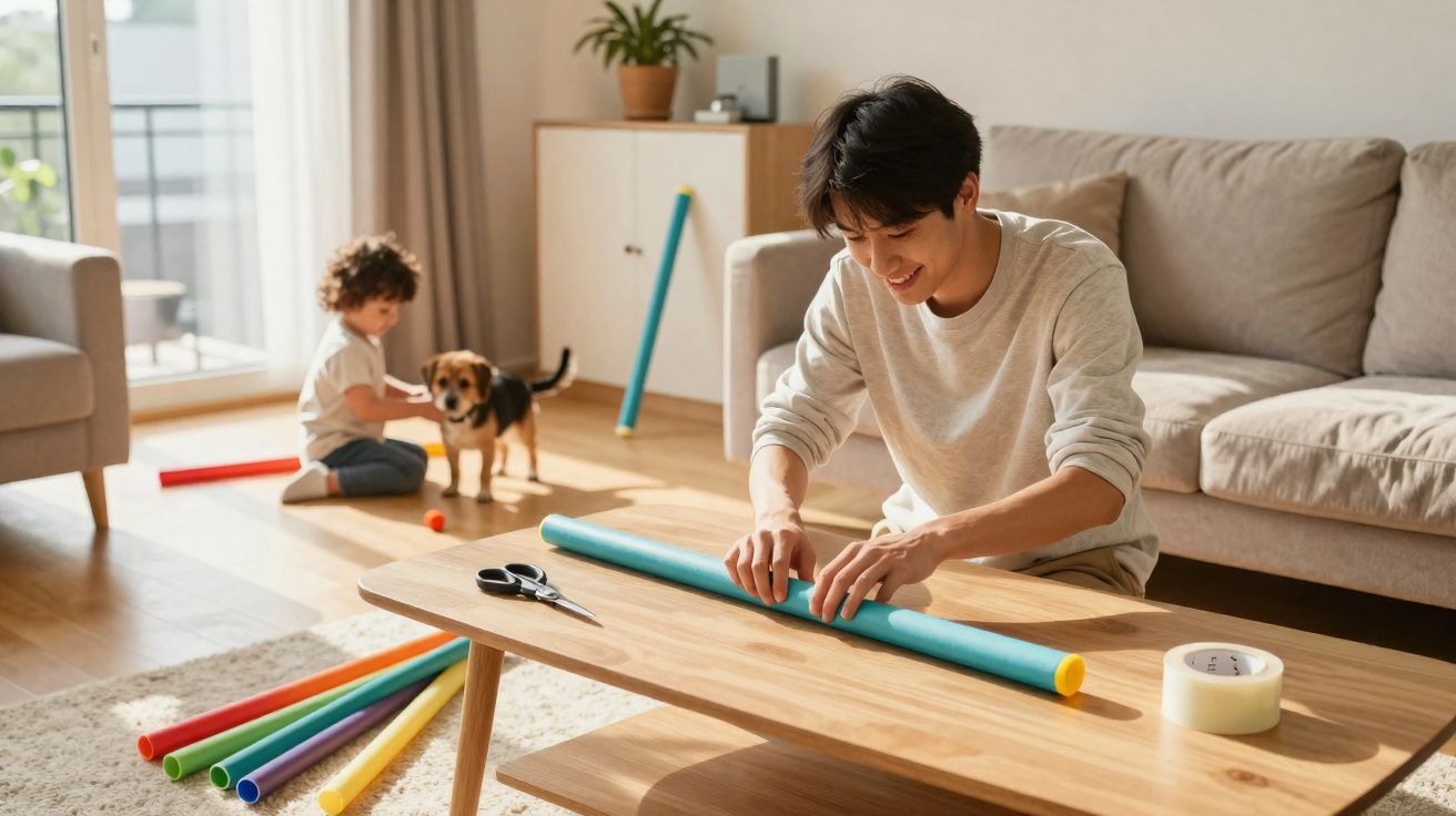 Adulto a enrolar papel colorido numa mesa de madeira, enquanto criança brinca com cão numa sala iluminada.