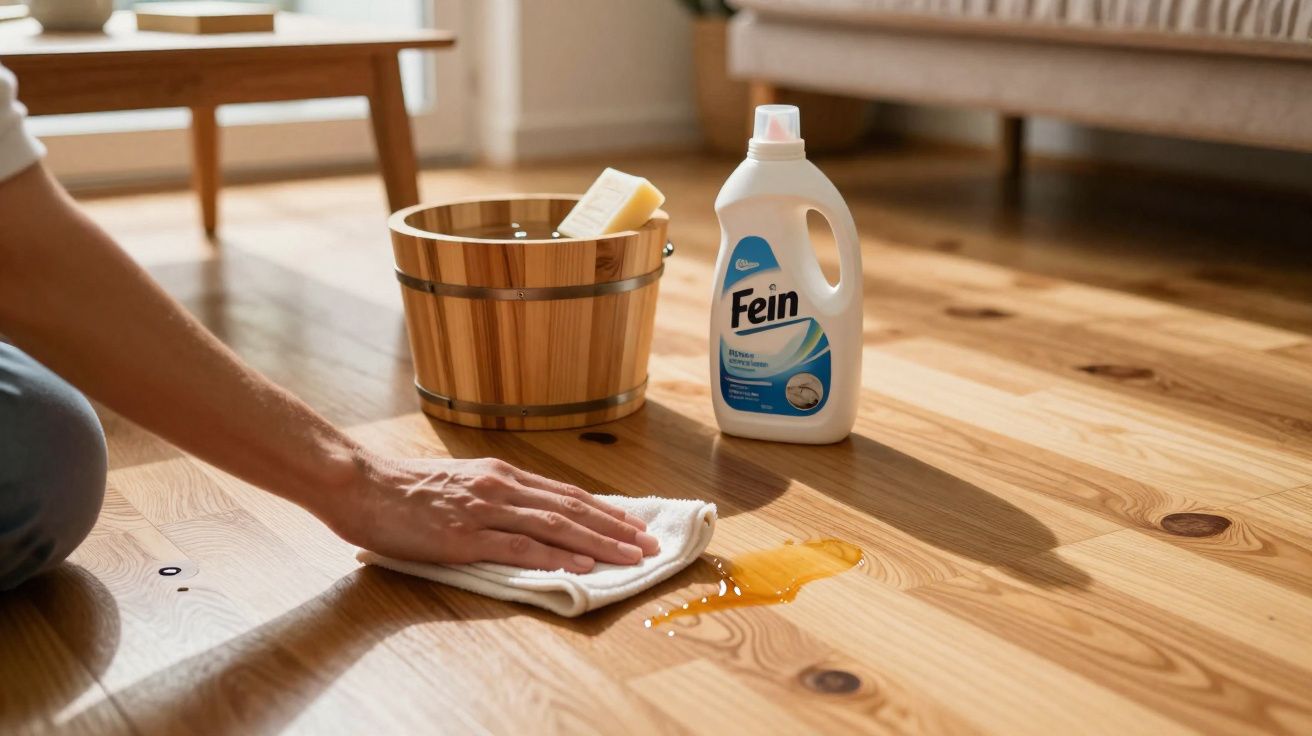 Mão a limpar líquido derramado num chão de madeira com pano branco, balde de madeira e detergente ao fundo.