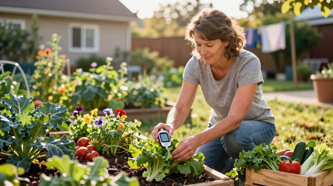 Mulher a medir a qualidade do solo num jardim com várias plantas e vegetais frescos à volta.