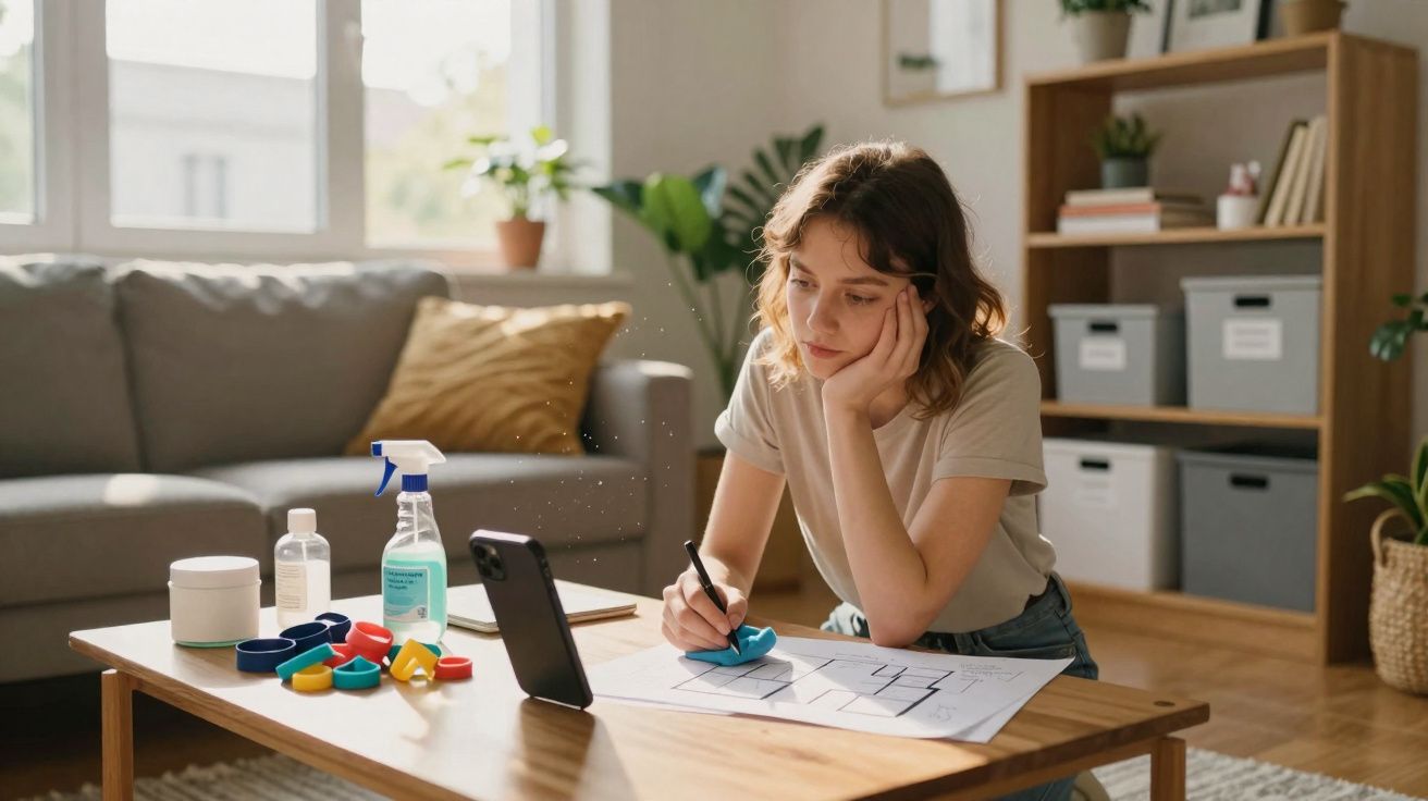 Jovem sentada a planear orçamento doméstico com documentos, smartphone e itens de higiene numa sala iluminada.