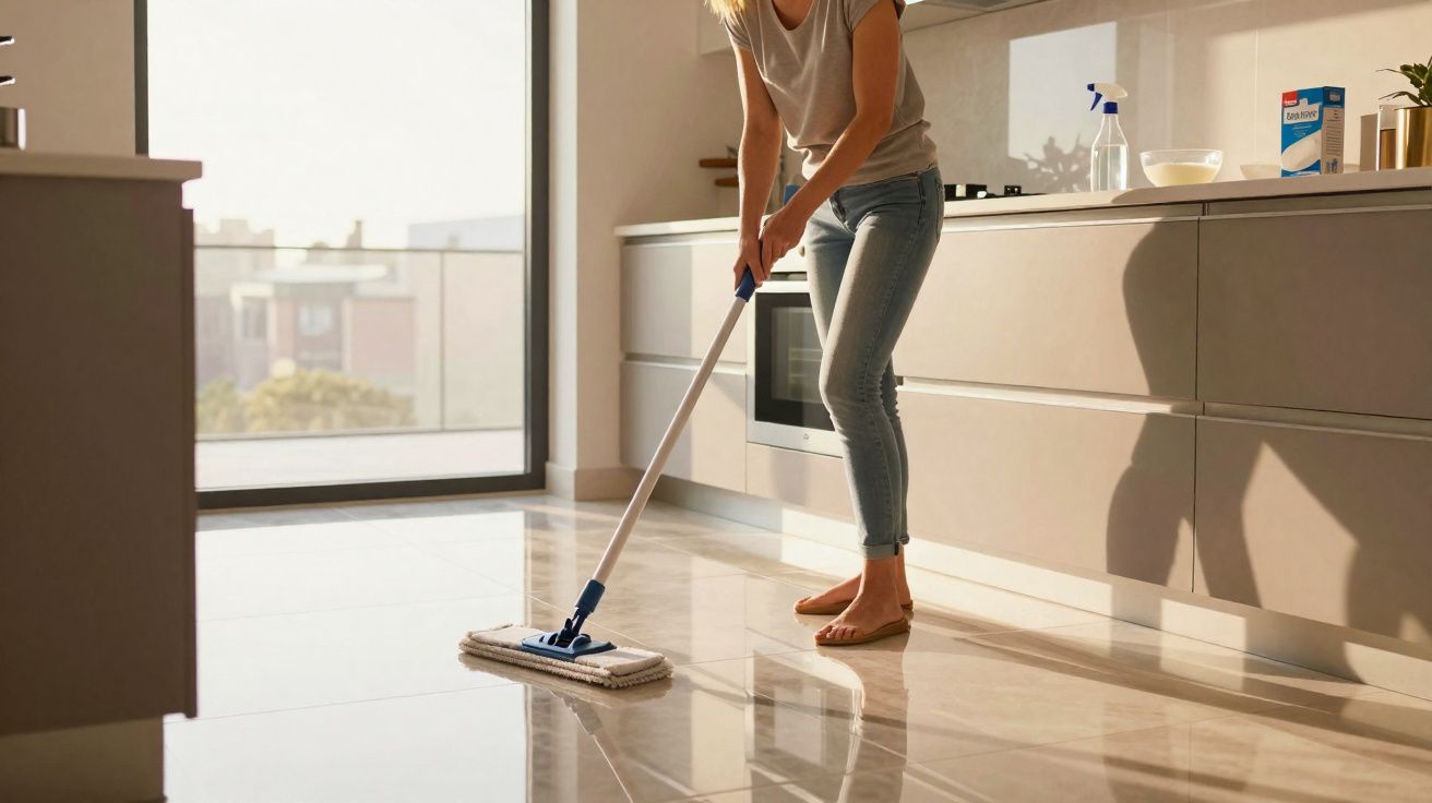 Mulher a limpar o chão da cozinha moderna com esfregona, luz natural entra pela janela ampla.